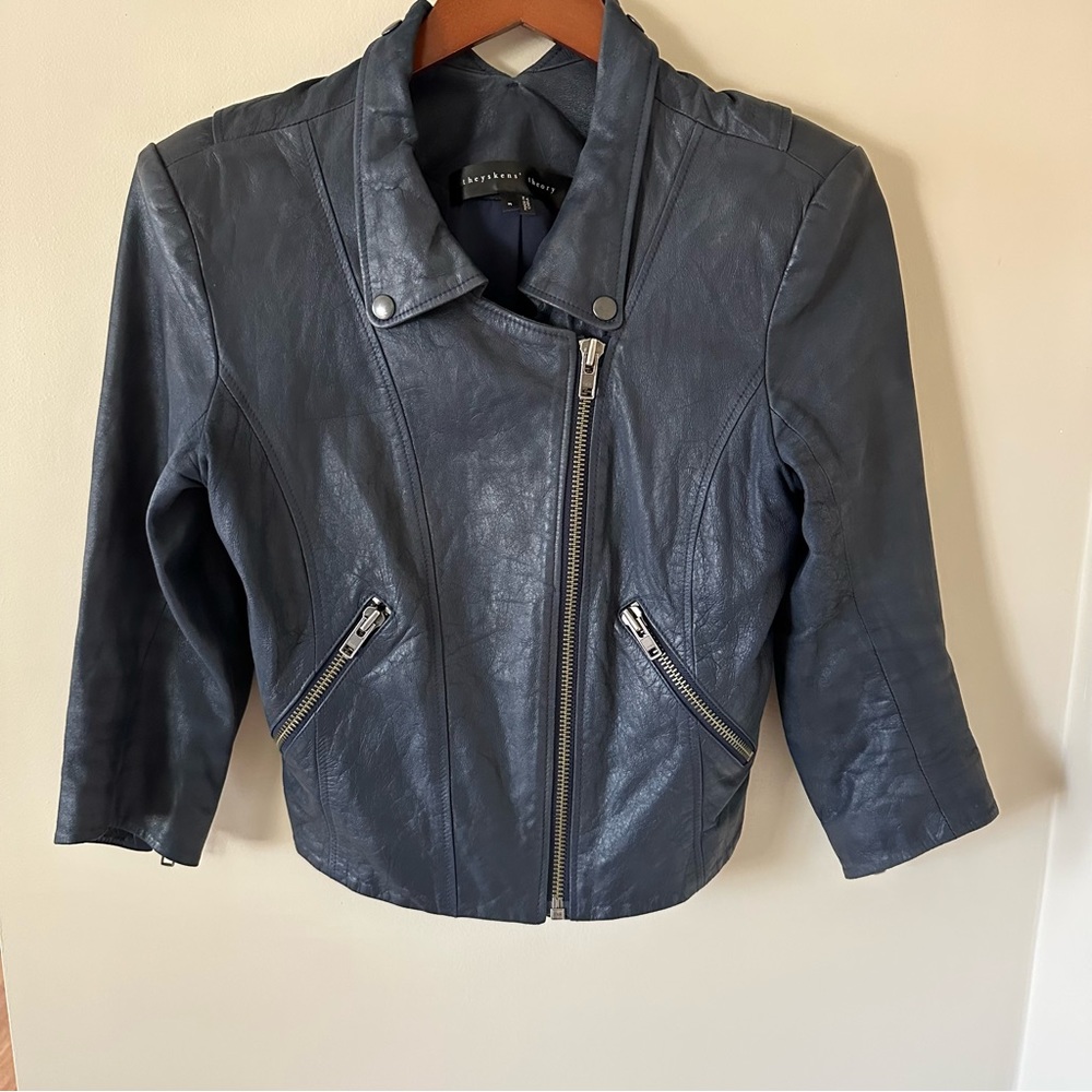 Theory Cropped Navy Leather Moto Jacket